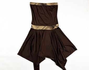 1990s / y2k Brown with Snake Print Details Tube Dress / Asymmetrical Hem / Handkerchief Hem / Large / MKM Designs / SATC / Drop Waist / L /