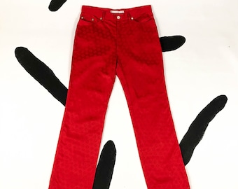 90s Red Silky Monogram Pants / High Waist / Straight Leg / Allover Logo / Allover Print / Laura Biagiotti Roma / y2k / Cyber / Club Kid / M