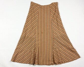 1990s Peach Stripe Quilted Crazy Stitched Midi Skirt / Bell / Size XL / Size 14 / Pastel / Natural Stone / y2k / 00s / Neutrals / Plus