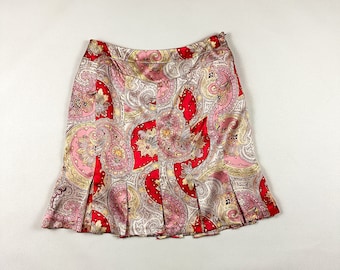 y2k Red and Orange Paisley Silk Midi Skirt / Ruffle Hem / Box Pleat / Size 14 / Fit and Flare / 00s / Fluttery / Vision Apparel / Cowgirl /