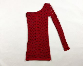 y2k Bebe Red Net One Shoulder Mini Dress / Tube Dress / One Sleeve / XS / Small / USA / Dark Red / Club Kid / Body Con / Stretch / Overlay