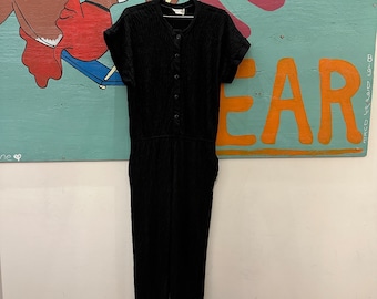 1980s 1990s Albert Nipon Black Textured Short Sleeve Jumpsuit / Minimal / Gathered / Pinched / Wrinkled / Onesie / One Peice / Medium / M /