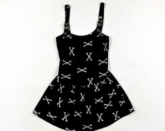 y2k Lip Service Bones Print Dress Overall Straps with Silver Tone Bone Details / Cross Bones / Medium / Scene / Goth / Punk / Emo / M