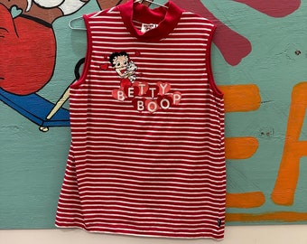 90s Betty Boop Striped Tank Top / Embroidery / Large / Hearts / Cotton / Horizontal Stripes / Candy Hearts / Plus / Mock Neck / Cartoon /y2k