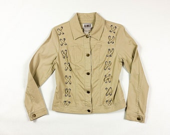 1990s / y2k Sand Lace Up Detail Jacket / Denim Style Jacket / Tan / Khaki / Stretch / 00s / Medium / Neutrals / Corset / Bratz / M / AMI /