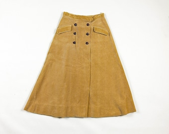 1950s Camel Corduroy Double Breasted Button Circle Skirt / 24 Waist / Fit and Flare / 50s / New Look / Heavy Weight / Winter / XS / Tan /