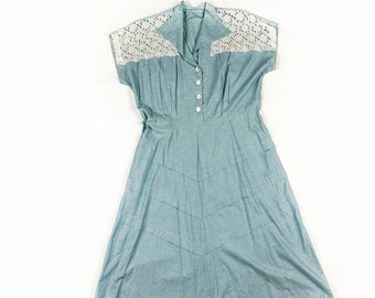 1940s 1950s Light Blue Day Dress with White cotton Eyelet Shoulder Details / Cut Outs / Side Zip / Baby Blue / 36 Waist / Large / XL / Plus