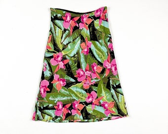 y2k Tropical Print Midi Skirt / Rayon / Bias Cut / Slip Skirt / Slinky / J LO / Green and Pink / Rainforest / 00s / Grunge / 1990s / M /