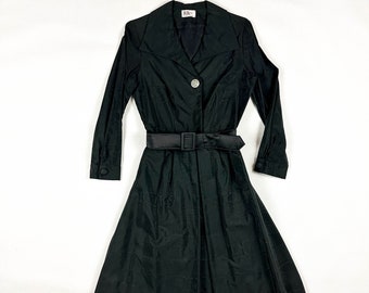 1950s Black R & K Originials Grosgrain Long Sleeve Dress / Matching Belt / Cocktail / Fancy / Faille / Woodgrain / Solid / Damask / Medium