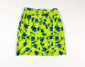 1990s Neon Green and Blue Rose Print Mini Skirt / Floral / Bright / Italy / Clueless / The Nanny / Small / 27 Waist / Grunge / Slime / y2k