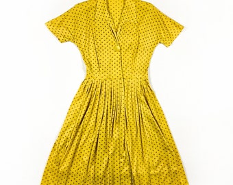 1940s Mustard Yellow and Orange Polka Dot Rayon Jersey Day Dress / Oversize Button Detail / 50s / Novelty / 27 Waist / Medium / Pin Up