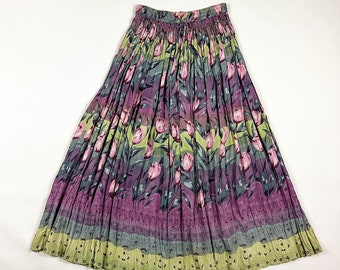 1990s Pastel Tulip Stripe Pleated Rayon Maxi Skirt / Medium / Elastic Waist / Drawstring / India / Grunge / Floral / Lightweight / Fluttery