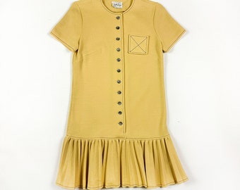 1960s Jonathan Logan yellow drop waist mini dress / pleats / ruffle / Decorative Pocket / Mod / Scooter / Small / Double Knit / Twiggy / S