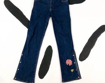 90s Stretch Denim Bootcut Jeans / Size 0 / XS / y2k / 00s / Floral / Studded / Bedazzled / Delias / Small / 2000s / Paris Hilton / Side Slit