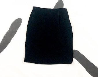 80s Giorgio Armani Black Velvet Pencil Skirt / Mini Skirt / 27 Waist / Small / Medium / Rayon / Soft / Solid / Vintage Designer / Minimal /