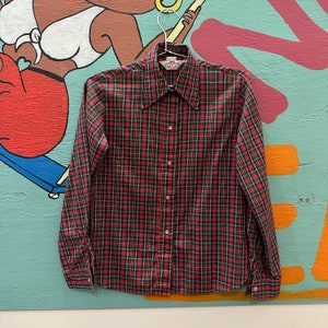 1970s / 1980s Levis Ski Red and Green Plaid Button Down Shirt / Pearl Snap / Medium / Poly Cotton / Classic Western / Disco / Juniors / image 1