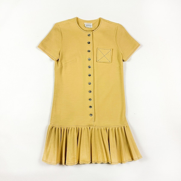 1960s Jonathan Logan yellow drop waist mini dress / pleats / ruffle / Decorative Pocket / Mod / Scooter / Small / Double Knit / Twiggy / S