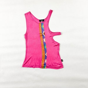 y2k Versace Jeans Couture Bright Pink Cut Out Tank Top / Neon Print / Tropical / Beach / Medium / 00s / Side Boob / Strappy / Bratz / Rave image 1
