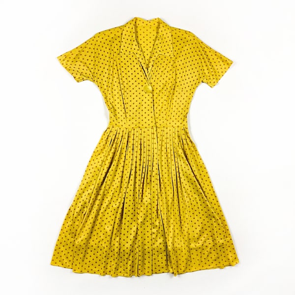 1940s Mustard Yellow and Orange Polka Dot Rayon Jersey Day Dress / Oversize Button Detail / 50s / Novelty / 27 Waist / Medium / Pin Up