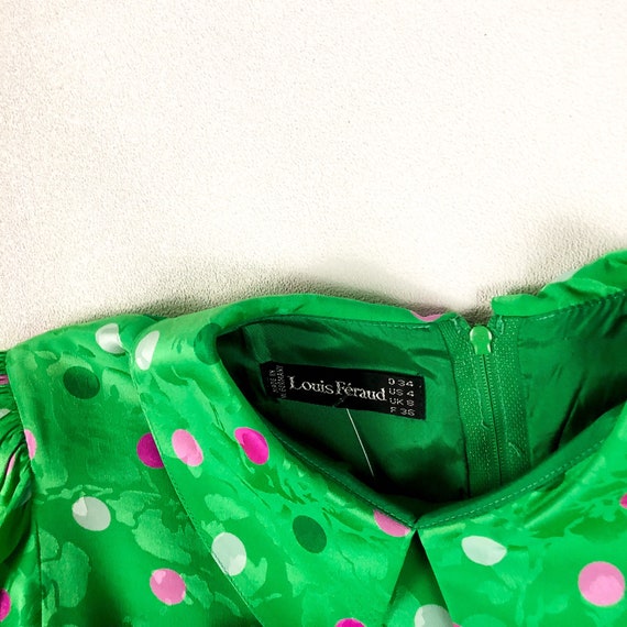 1980s Louis Feraud Green and Pink Silk Floral Dot Dre… - Gem