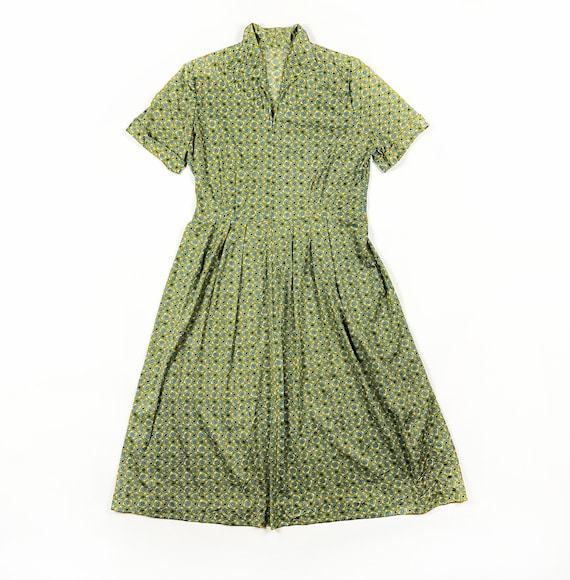 1930s / 40s Nylon Jersey Day Dress / Blue and Yel… - image 1