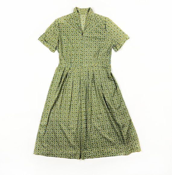 1930s / 40s Nylon Jersey Day Dress / Blue and Yellow / Pleated / Floral Diamond Pattern / Zip Front / Rayon Jersey / Novelty Print / 1930s
