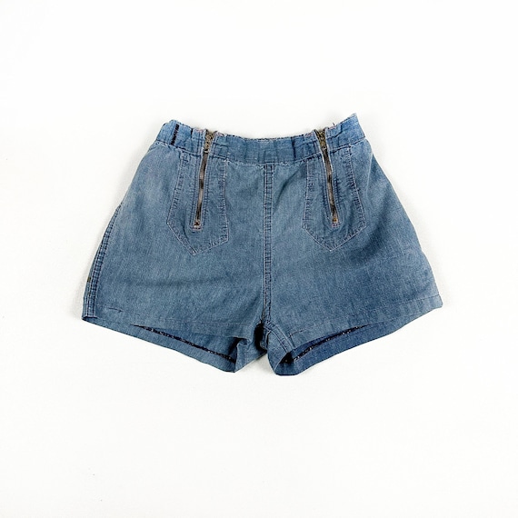 Pantaloncini a vita alta con doppia cerniera in chambray denim