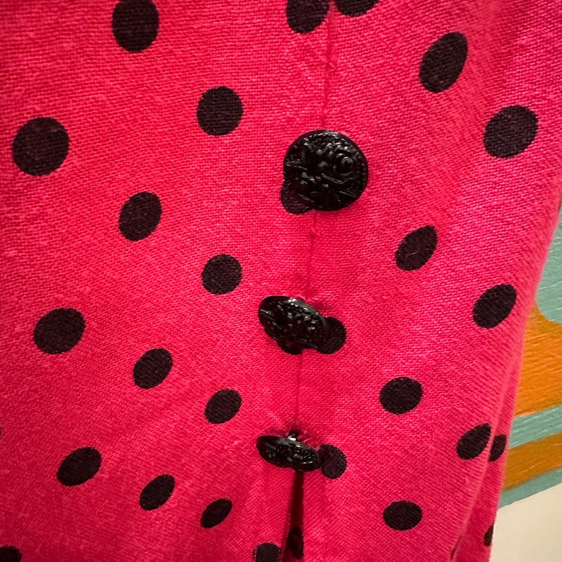80s / 90s Pink and Black Polka Dot Pencil Skirt / Beads / Front Slit / Rayon / 28 Waist / Minnie / Barbie Pink / Executive / New Wave / M image 3