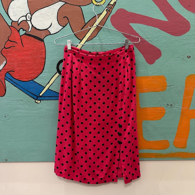 80s / 90s Pink and Black Polka Dot Pencil Skirt / Beads / Front Slit / Rayon / 28 Waist / Minnie / Barbie Pink / Executive / New Wave / M image 1