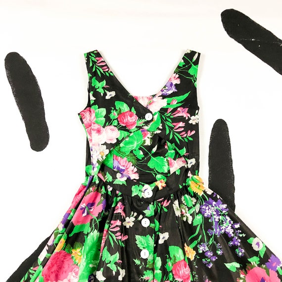 80s Black Floral Cotton Open Back Fit and Flare D… - image 6