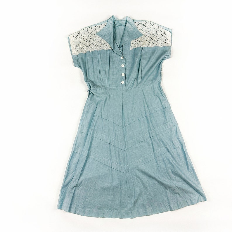 1940s 1950s Light Blue Day Dress with White cotton Eyelet Shoulder Details / Cut Outs / Side Zip / Baby Blue / 36 Waist / Large / XL / Plus image 1