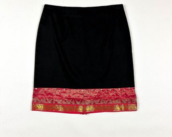 1990s / y2k / Black and Pink Silk Stripe Skirt / Mirrored Details / Mirrors / India / Indian / Silk Trim / Gold / Lame / Metallic / 00s /