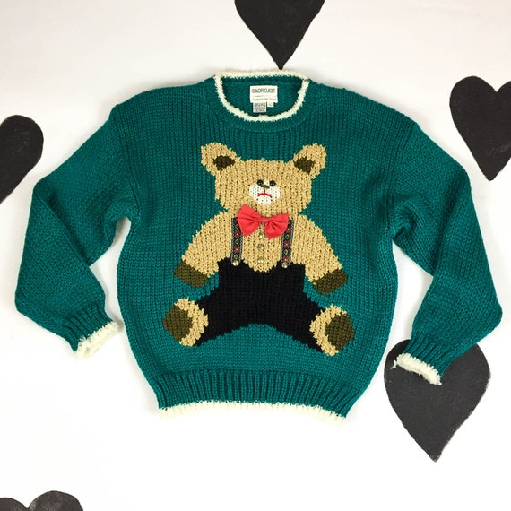 80s / 90s / Hand Knit Teddy Bear in Lederhosen Green Sweater / | Etsy