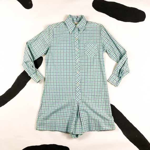 60s Pastel Blue and Green Check Long Sleeve Romper