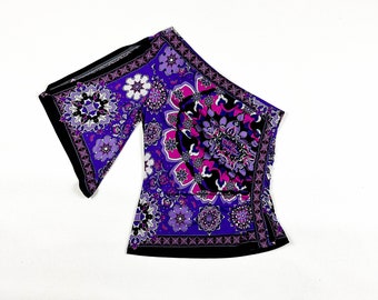 y2k Cache Purple and Pink Paisley One Sleeve Handkerchief Top / Ruched / Ruching / Asymmetrical / Small / SATC / 00s / Millenium / Bratz /