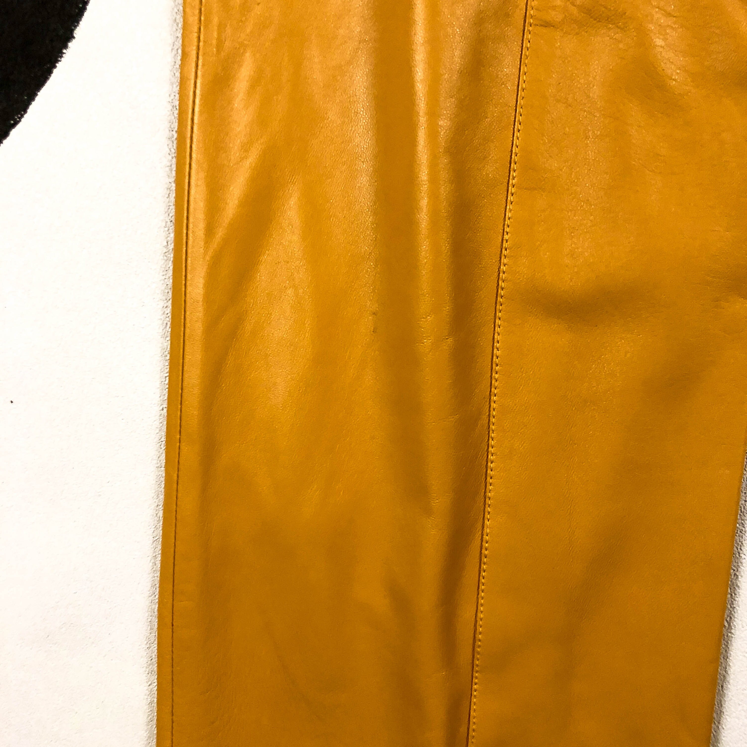90s Mustard Yellow Leather Pants / Wide Leg / Greek Key / Embroidered / Y2K / Soft / Buttery / Deadstock / Size 10 / Sunflower / Waistband