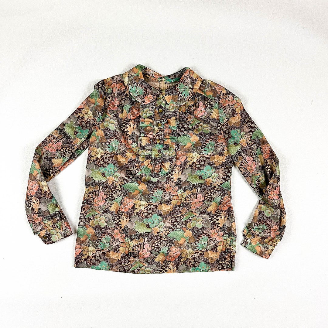 1970s Ruffle Tuxedo Collar Psychedelic Leaf Print Shirt / Fall - Etsy