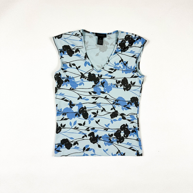 90s / Y2k The Limited Blue and Black Leaf / Tree Print Shirt / Cap Sleeves / Tank Top / Op Art / 00s / Medium / Vine / V Neck / Cyber / M image 1