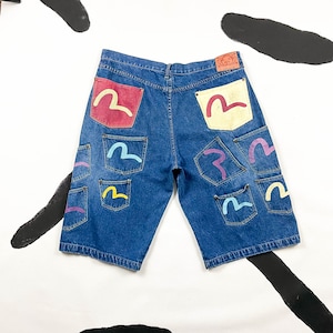 90s Evisu Allover Pocket Jean Shorts / Multicolor Logo / Novelty