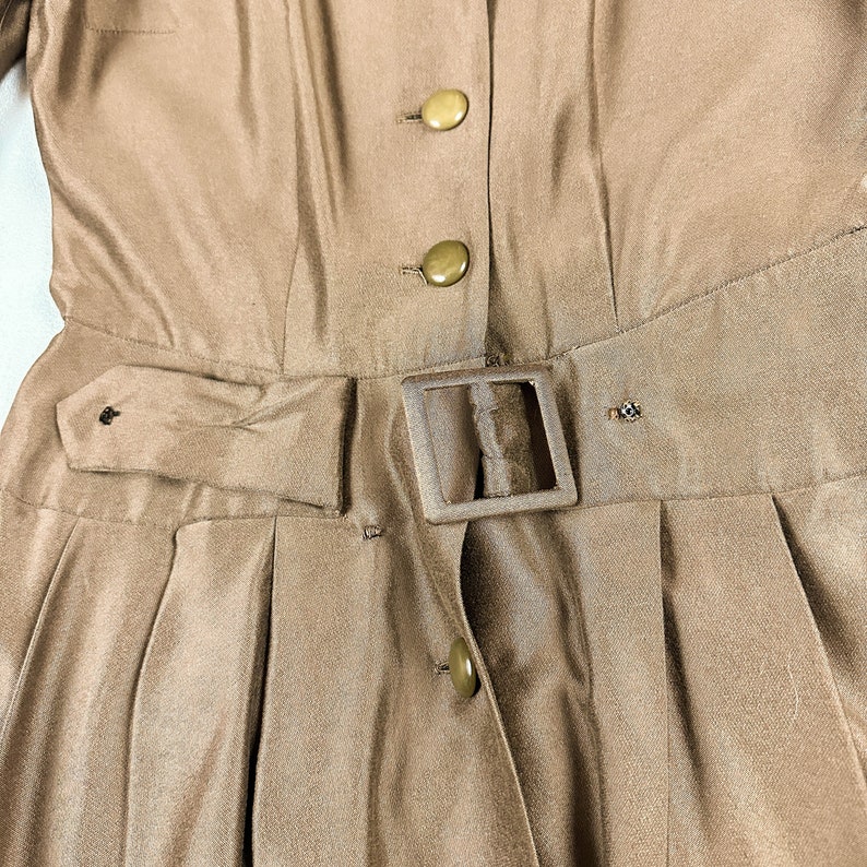 1950s McKettrick Brown Iridescent Fit and Flare Dress / Shirtwaist / Shirtdress / Shark Skin / Built in Belt / 28 Waist / New Look / M / image 8