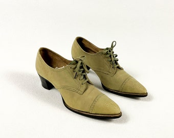 1940s Light Green / Tan Booties / Shoe Boots / Cutler / Saddle Shoes / Size 8