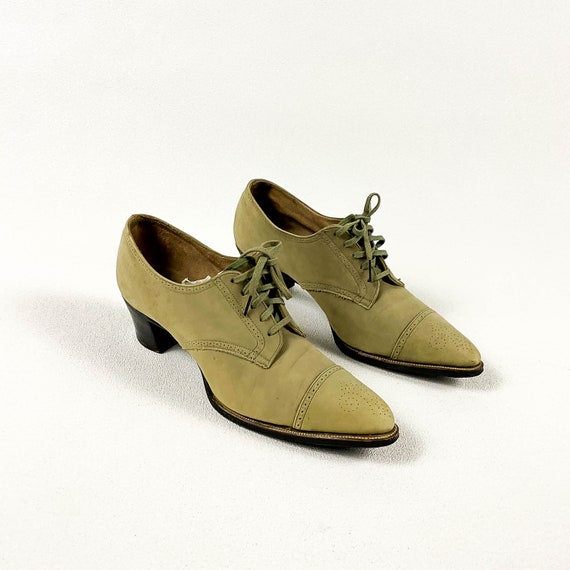 1940s Light Green / Tan Booties / Shoe Boots / Cu… - image 1