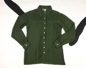 90s Green Sheer Long Button Down Shirt 
