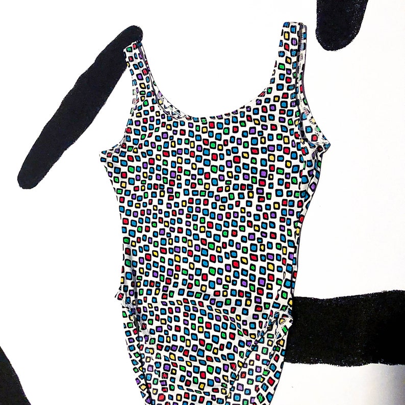 80s 90s Rainbow Square Dot Swimsuit Bodysuit Movers Made in USA Medium Leotard Body Pop Art New Wave Allover Print M