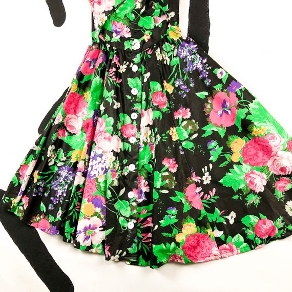 80s Black Floral Cotton Open Back Fit and Flare D… - image 7