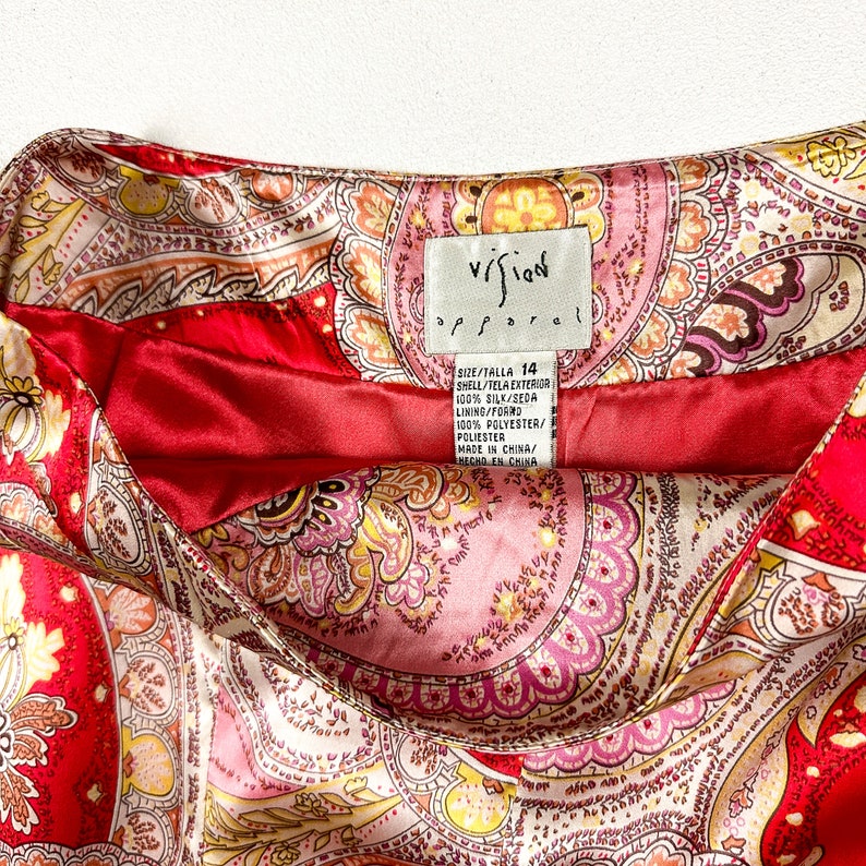 y2k Red and Orange Paisley Silk Midi Skirt / Ruffle Hem / Box Pleat / Size 14 / Fit and Flare / 00s / Fluttery / Vision Apparel / Cowgirl / image 4