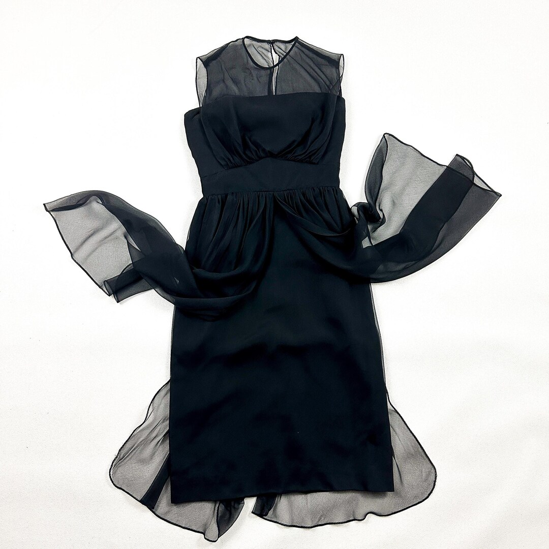 1960s Little Black Dress with Sheer Chiffon Shoulders