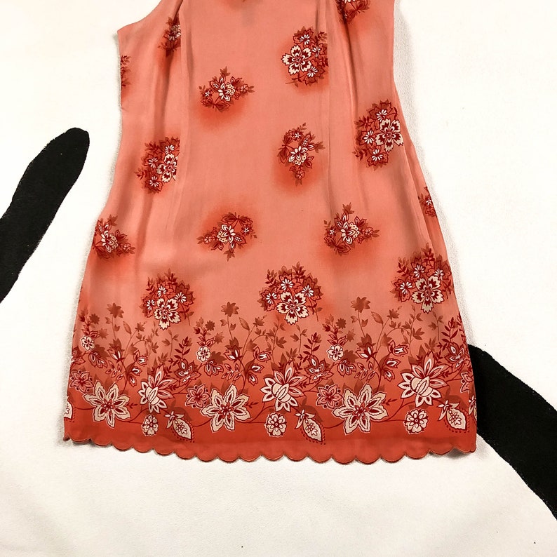 90s Pink and Red Floral Rayon Slip Dress / Size 8 / Dots / Sleeveless / Scalloped Hem / Medium / Wide Spaghetti Straps / Peach / Grunge / M image 3