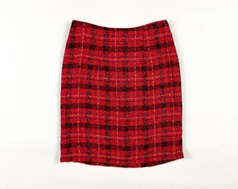 1990s Red Boucle Knit Pencil Skirt / Plaid / Red / Yellow / Maren /  High Waist / Size 10 / Holiday / Warm / Wool / Grunge / Medium / M /