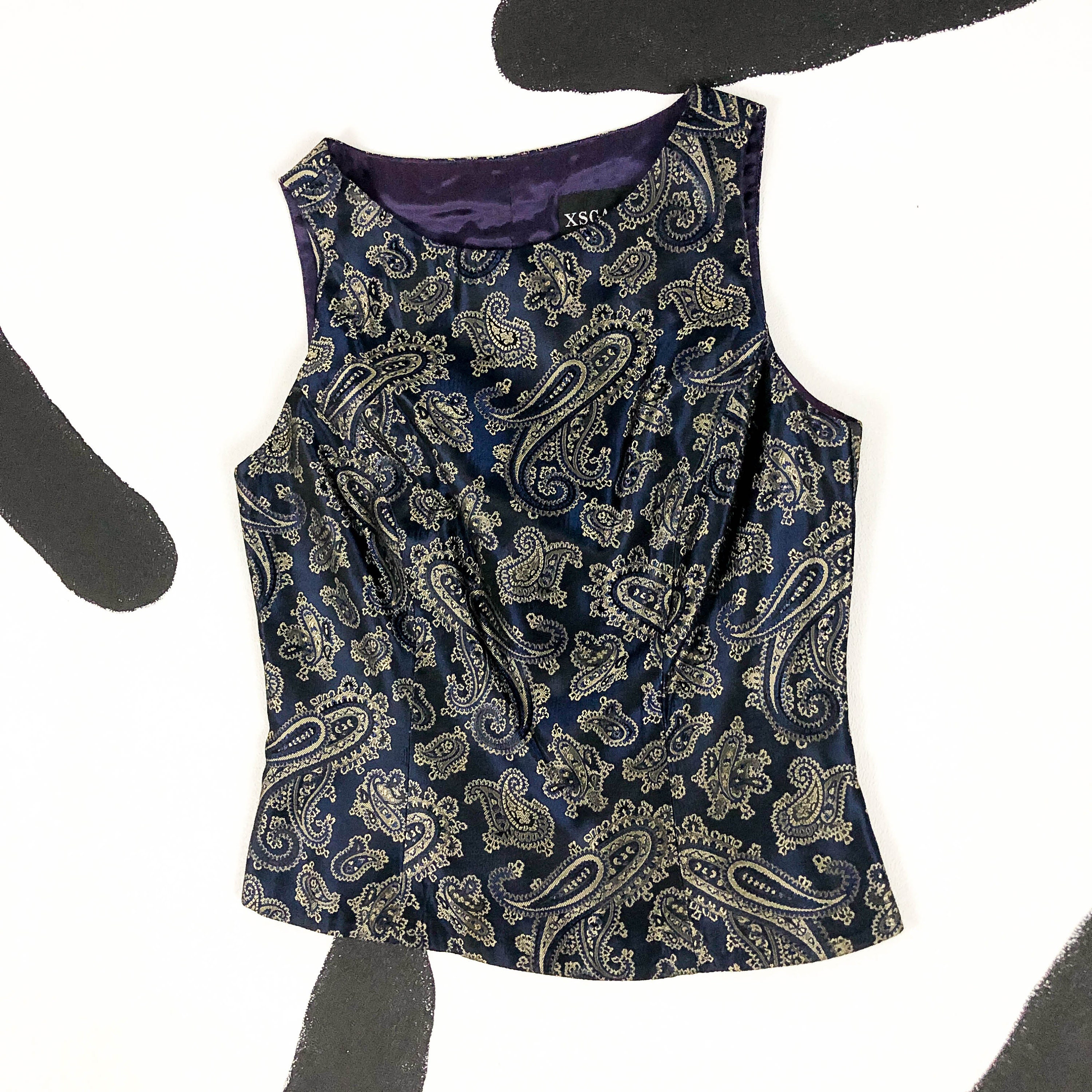 90s Paisley Brocade Sleeveless Top / Y2k / Navy Blue / Gold / | Etsy